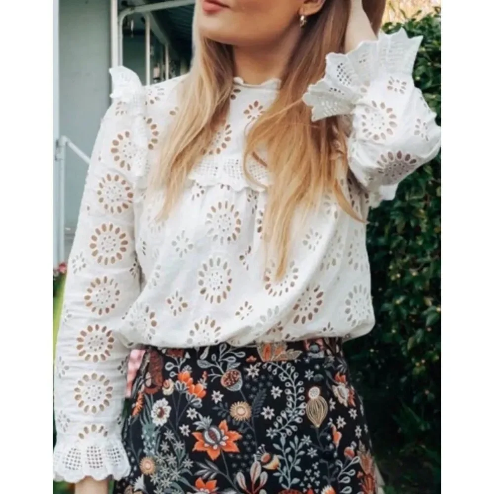 Zara White Eyelet Lace Embroidery Blouse Ruffled Romantic Small Fairycore Indie